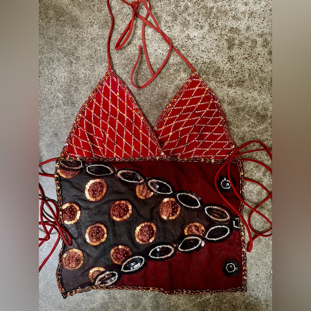 Vintage Y2K Beaded Silk Open Back Halter Top OOAK